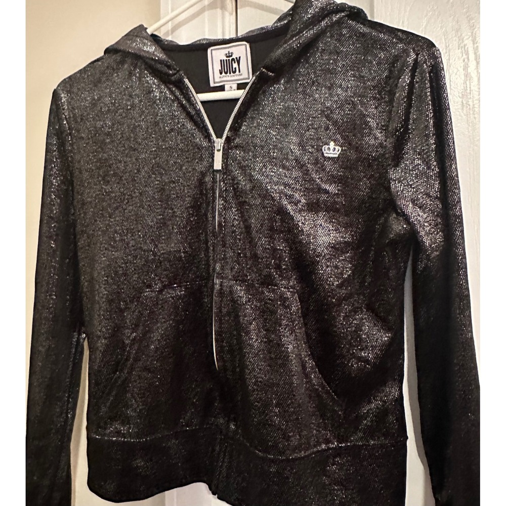 Juicy Couture Black‎ Shimmer Full Zip Hoodie Jacket Womens Small Crown
